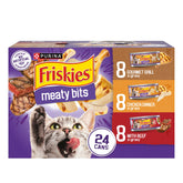 Friskies frontal del paquete mostrando variedad de sabores y conveniencia