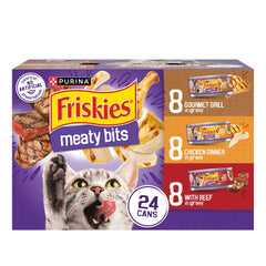 Friskies frontal del paquete mostrando variedad de sabores y conveniencia