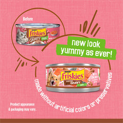 Friskies open can with extra gravy visible to encourage appetizing presentation