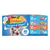 Friskies pack frontal Oceans of Delight mostrando latas variada, ofrece variedad diaria