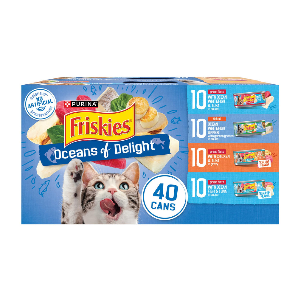Friskies pack frontal mostrando 40 latas y variedad de sabores, conveniencia inmediata