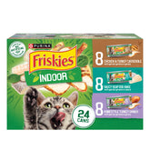 Friskies pack frontal mostrando las 24 latas y variedad de sabores para flexibilidad