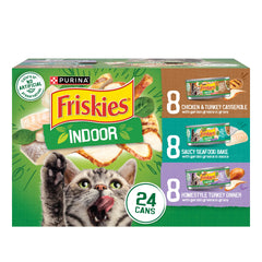 Friskies pack frontal mostrando las 24 latas y variedad de sabores para flexibilidad