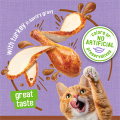 Gravy being poured from a Friskies can into a bowl, increases aroma and palatability
