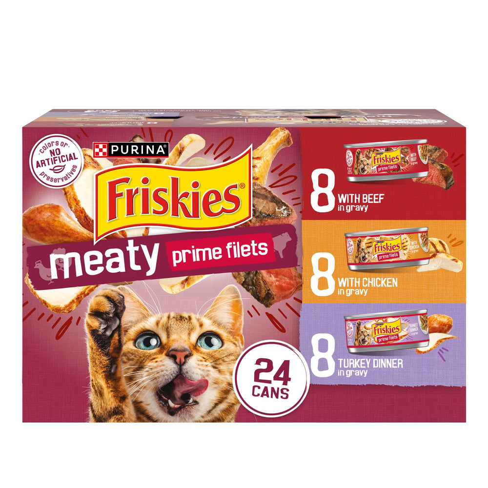 Friskies empaque frontal mostrando pack de 24 latas, variedad práctica