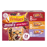 Friskies empaque frontal mostrando pack de 24 latas, variedad práctica