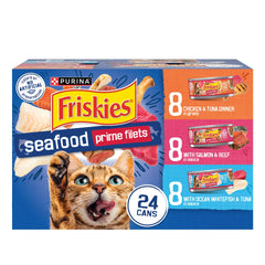 Friskies empaque frontal mostrando el pack de 24 latas y conveniencia