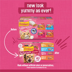 Friskies lata abierta mostrando filetes desmenuzados, textura atractiva para gatos