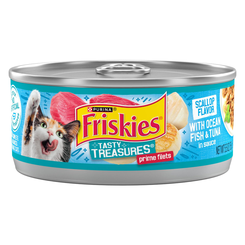 Friskies Purina lata frontal mostrando diseño y beneficio de sabor marino