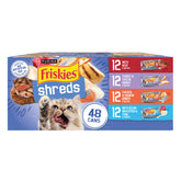 Friskies pack frontal mostrando 48 latas y variedad de sabores, atractivo visual