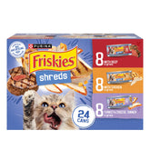 Friskies pack frontal mostrando las 24 latas y variedad de sabores beneficiando almacenamiento