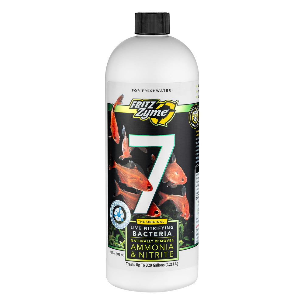 Fritz Aquatics envase frontal mostrando FritzZyme 7 y beneficio de inocular bacterias