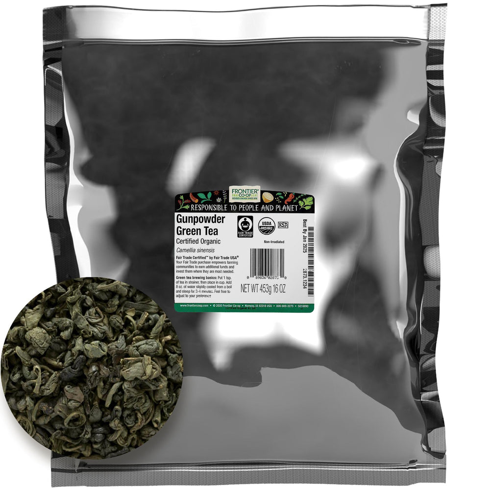 Frontier Co-op frente del empaque de té verde gunpowder, conserva frescura