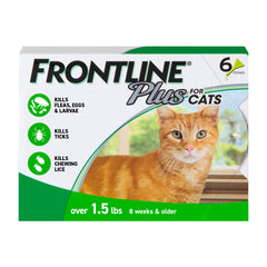 FRONTLINE Plus imagen frontal del paquete mostrando seis pipetas y marca confiable