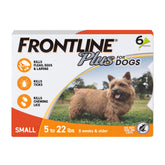 FRONTLINE Plus empaque frontal mostrando paquete de 6 pipetas para perros pequeños, protección mensual