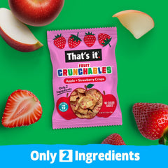 Fruit Crunchables etiqueta de ingredientes resaltando 100% fruta y ausencia de alérgenos