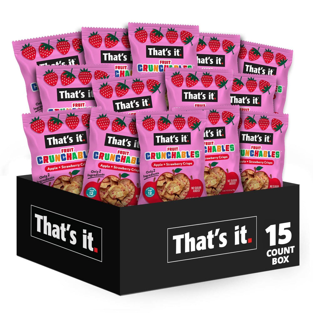Fruit Crunchables frente del paquete mostrando 15 sobres y diseño claro, fácil de identificar