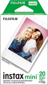 Fujifilm Instax mini paquete frontal mostrando cartuchos listos y beneficio de portabilidad