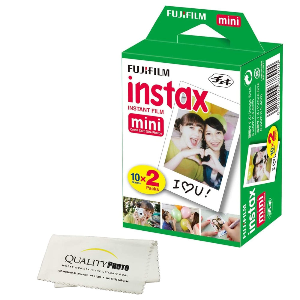 Fujifilm INSTAX Mini pack frontal mostrando caja y 20 hojas para impresiones inmediatas