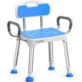 FULLOT vista frontal de la silla de ducha mostrando soporte certificado y ancho superior
