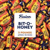 Fusion Sweets And Snacks empaque frontal mostrando la bolsa de 3 libras y conveniencia