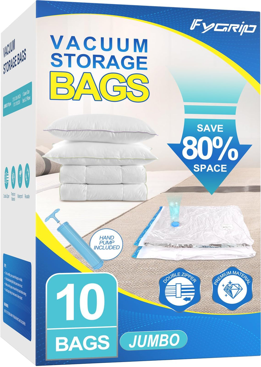 FYGRIP vista frontal del paquete con 10 bolsas y bomba incluida, ahorro claro