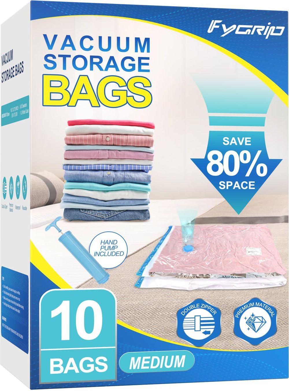 FYGRIP vista frontal del pack de 10 bolsas medianas que ahorran espacio