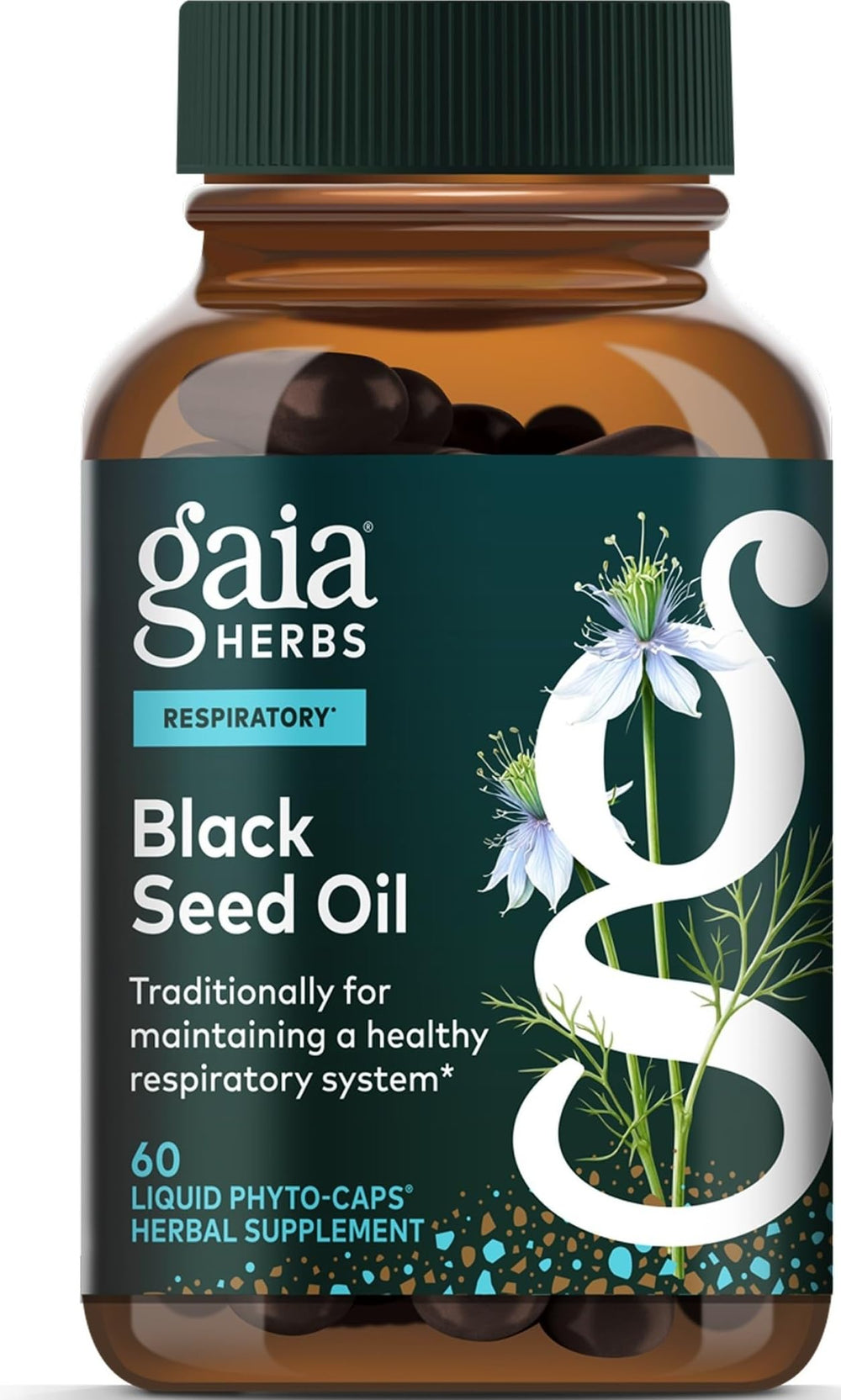 Gaia Herbs frasco delantero mostrando diseño y beneficio de dosificación