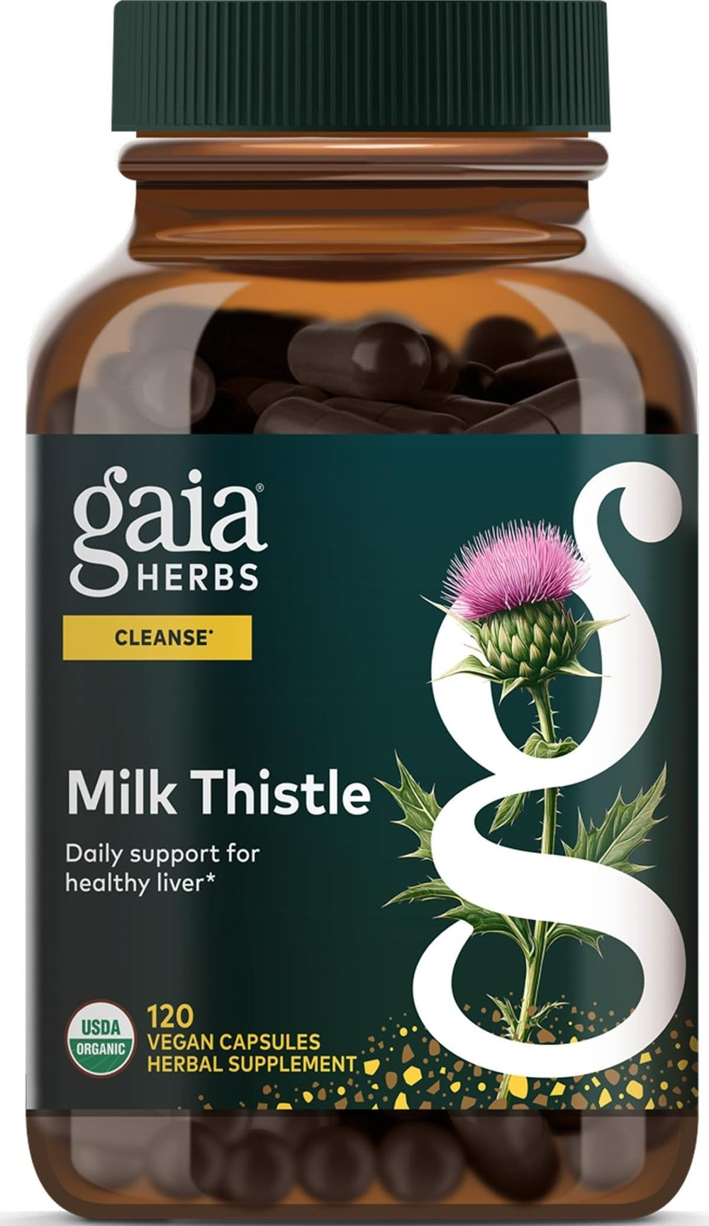 Gaia Herbs frasco delantero mostrando cápsulas y beneficios de apoyo hepático