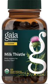 Gaia Herbs frasco delantero mostrando cápsulas y beneficios de apoyo hepático