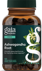 Gaia Herbs frasco frontal mostrando diseño y cantidad útil
