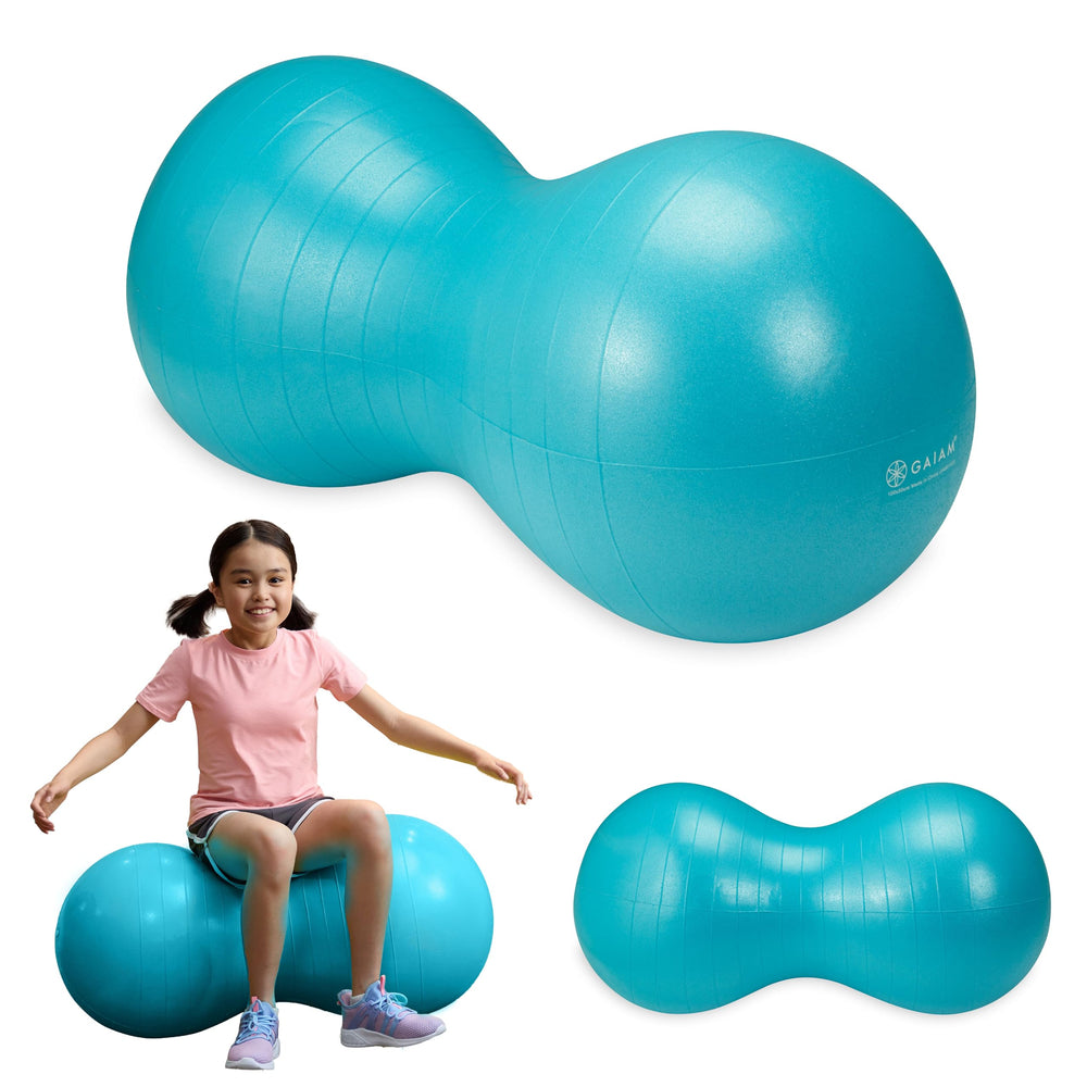 Gaiam Peanut Ball vista frontal azul que muestra estabilidad y soporte