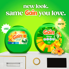 Close-up de una pac Gain Flings destacando su cápsula líquida y dosificación