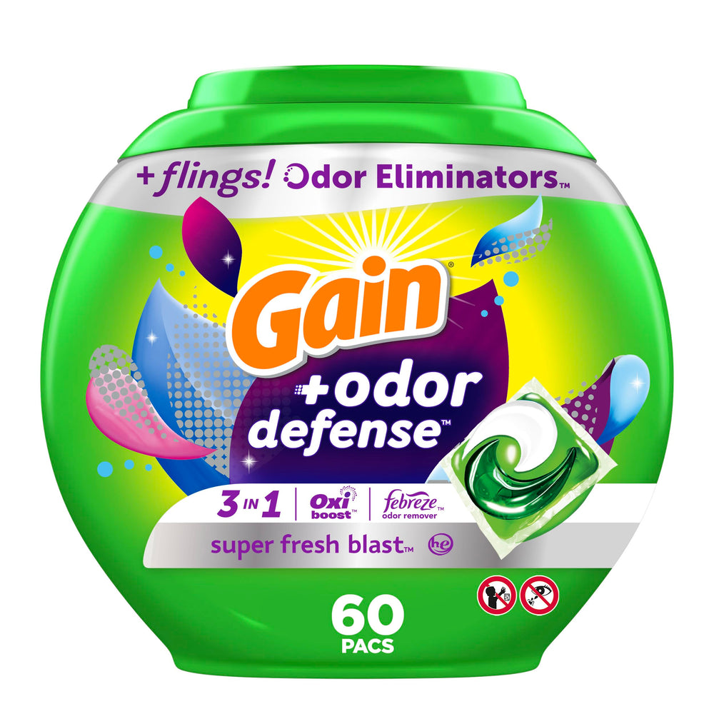 Gain envase frontal mostrando 60 pacs y beneficio de frescura duradera