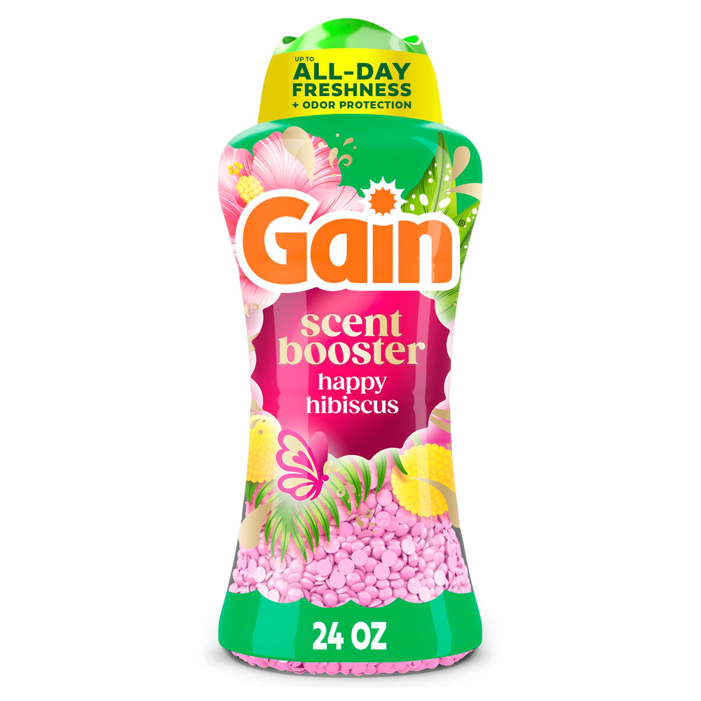 Gain frasco frontal Happy Hibiscus mostrando envase y beneficio de frescura