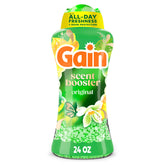 Gain envase frontal de perlas aromáticas mostrando 24 oz y diseño de la marca para identificación rápida