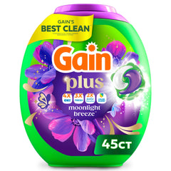 Gain envase frontal mostrando 45 pacs y beneficio de limpieza potente