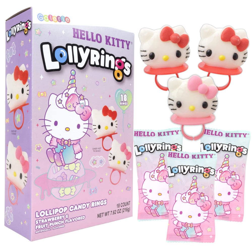 Galerie Hello Kitty caja frontal mostrando 18 anillos para fiestas, ideal para recuerdos