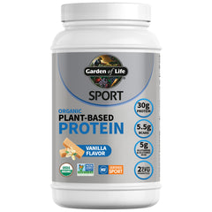 Garden of Life envase frontal sabor vainilla mostrando certificaciones y beneficios