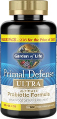 Garden of Life frasco frontal mostrando 216 cápsulas y beneficios de estabilidad