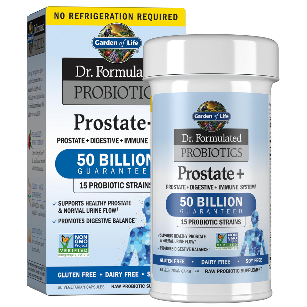 Garden of Life embalaje frontal Prostate+ mostrando beneficios y cantidad de cápsulas