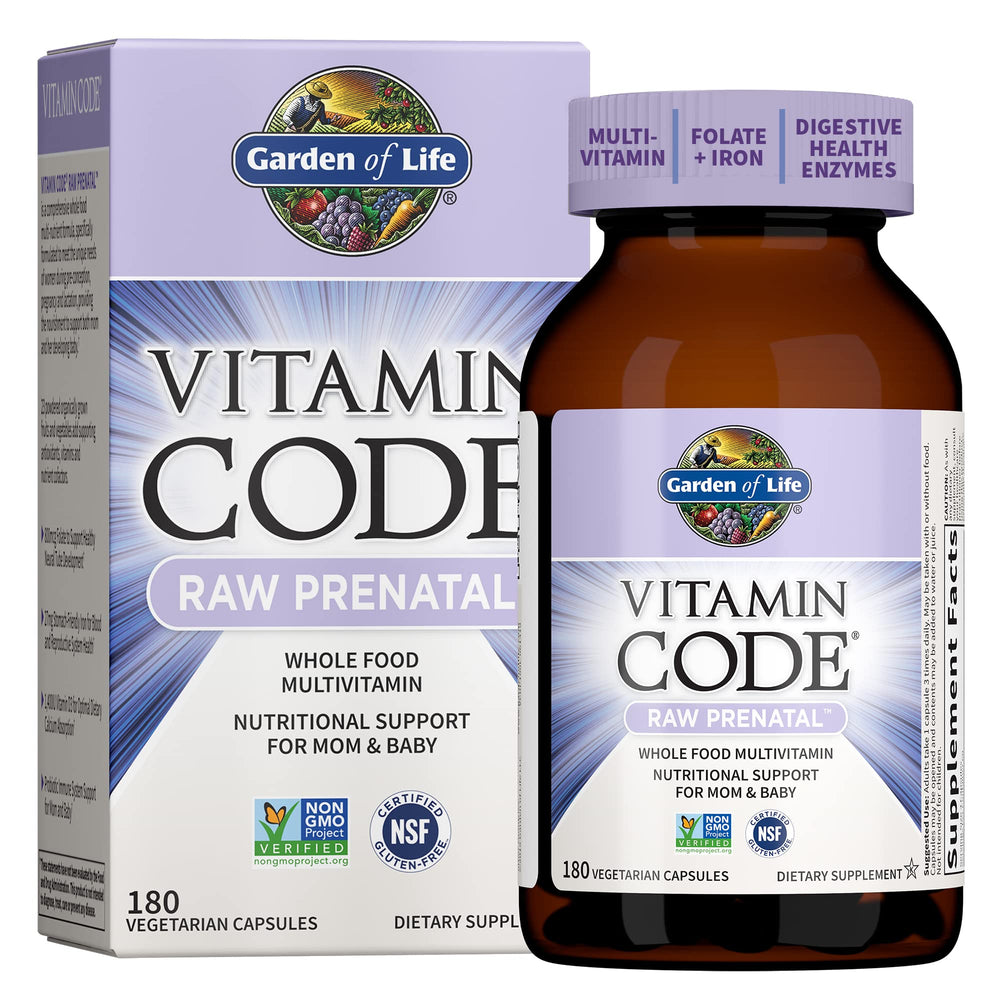Garden of Life frasco frontal del prenatal mostrando marca y tamaño para confianza