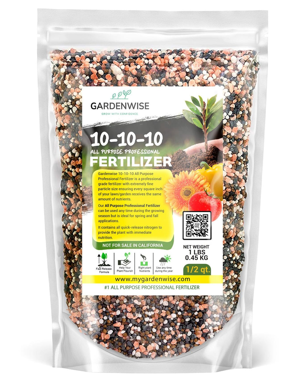 GARDENWISE empaque frontal 10-10-10 mostrando información clave y beneficios