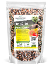 GARDENWISE empaque frontal 10-10-10 mostrando información clave y beneficios