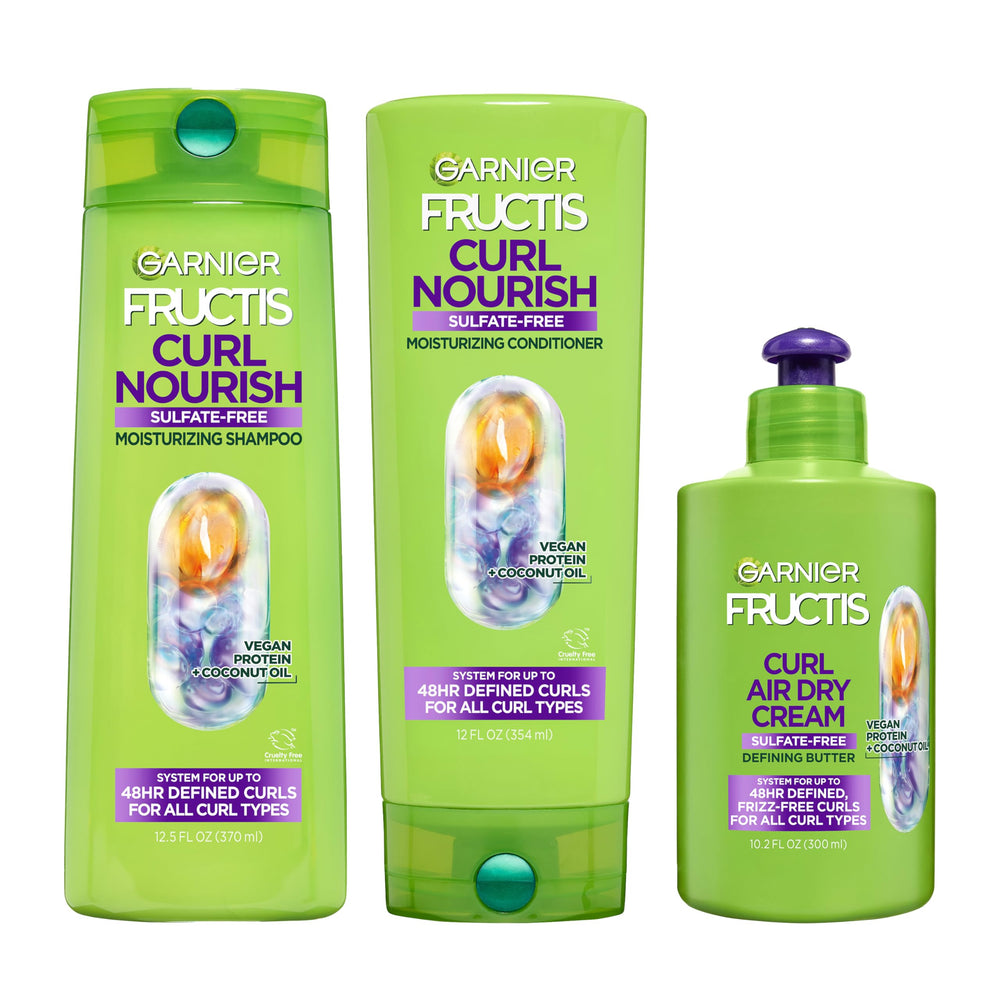 Garnier Fructis kit frontal mostrando champú acondicionador y crema, rutina completa