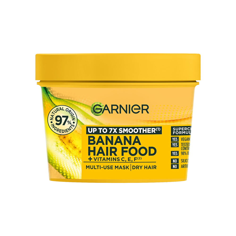 Garnier bote frontal con mascarilla Banana, imagen clara del envase y beneficio nutritivo
