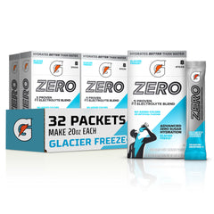 Gatorade paquete frontal Glacier Freeze mostrando 32 sobres y conveniencia