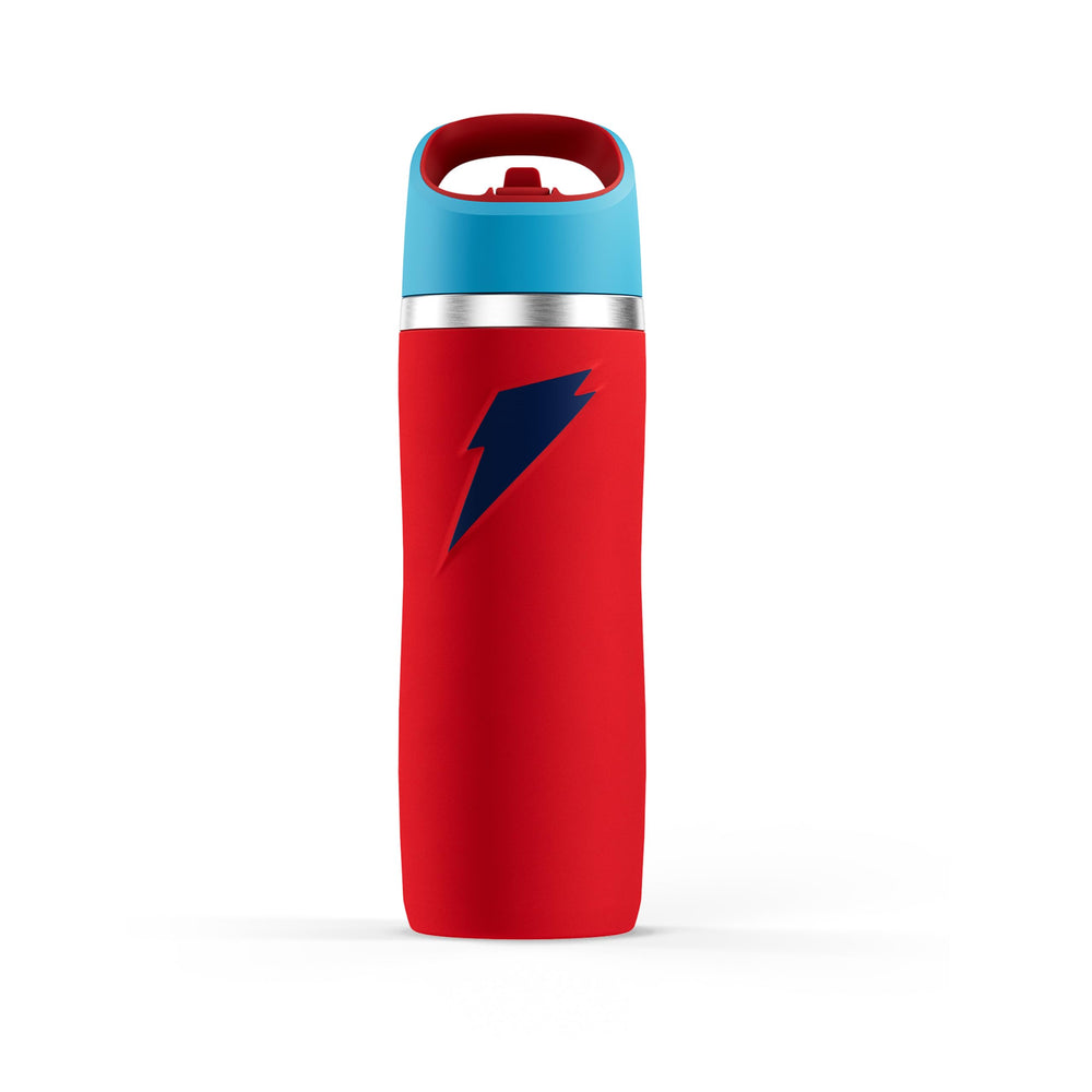 Gatorade botella Overtime frente roja y azul mostrando diseño y capacidad