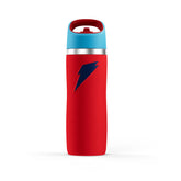 Gatorade botella Overtime frente roja y azul mostrando diseño y capacidad