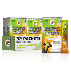 Gatorade Zero frente y sobres mostrando empaque y conveniencia de 32 porciones